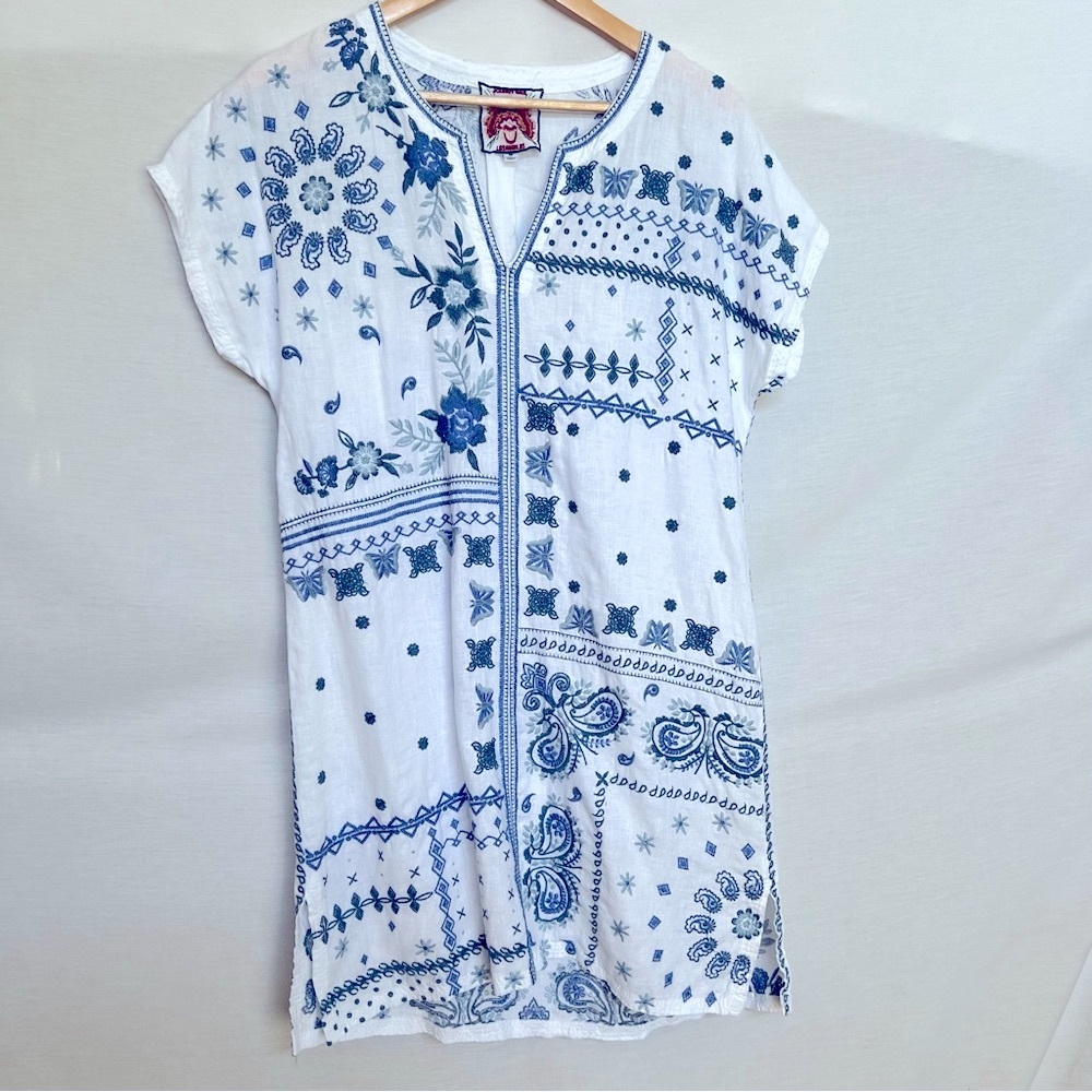 Johnny Was White and Blue 100% Linen Embroidered Boxy Dress - Picture 4 of 15